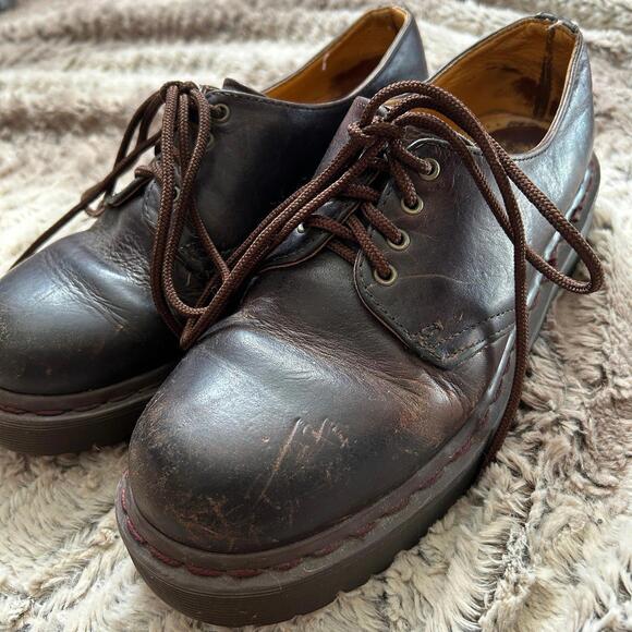 Vintage 90s Doc Martens Dark Brown Leather Oxford Made In England Chunky M4 W6.5 - Picture 1 of 8